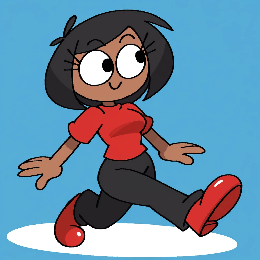 zPDXL, flat colors, cel shading, vector, \shadows, source_cartoon, \blue background, white floor, 1girl, solo, rob_(\vilepluff\), dark skin, eyelashes, medium breasts, small head, black hair, bob cut, shiny skin, red shirt, grey pants, red boots, big shoes, shiny shoes, jogging, cowboy shot, smile, <lora:RobVile:0.9>