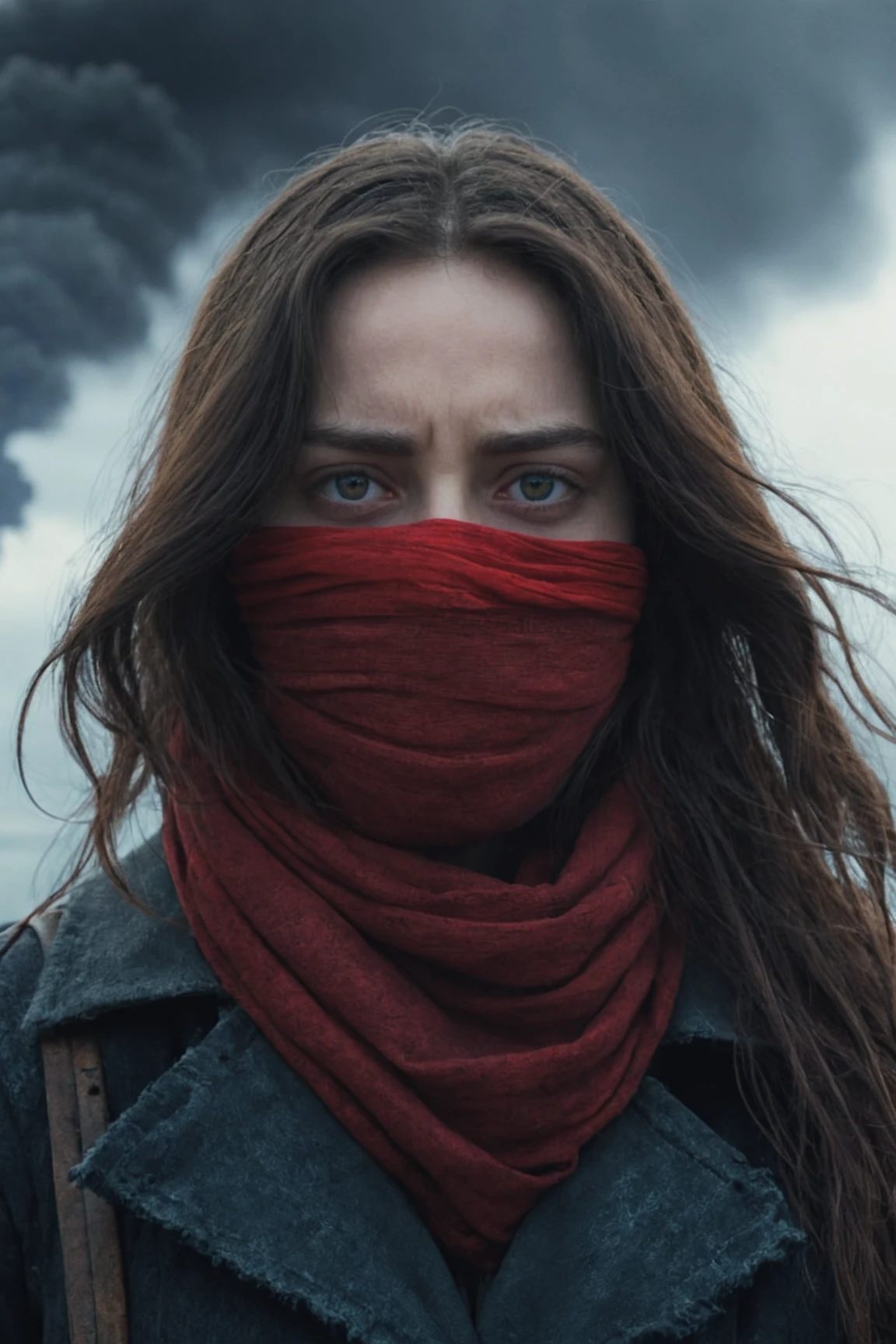 Woman, red scarf on face, character portrait, (mortal engines:1.2), epic photo