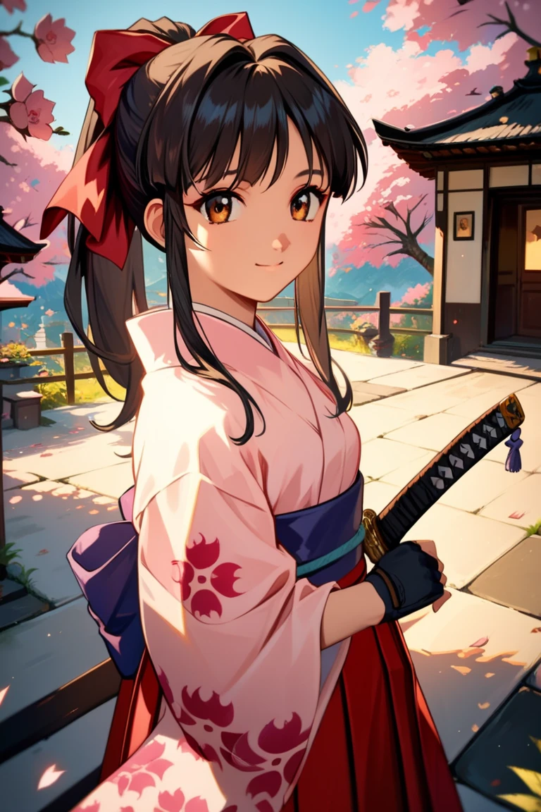 score_9, score_8_up, score_7_up, very aesthetic, source_anime, detailed, high quality, beautiful, masterpiece, detailed eyes,
japanese village, japanese house, sakura tree,
<lora:lightXL:0.8>
dynamic angle, cowboy shot, upper body,
katana, light smile,
<lora:sakuraS_autismConfetti_v01:0.95>
sakurabase, black hair, hair ribbon, red bow, brown hair, sidelocks, bangs,  ponytail
 japanese clothes, red hakama, white socks, black loafer, floral print sleeves,  meiji schoolgirl uniform, purple sash, fingerless gloves, green obijime,, zPDXL