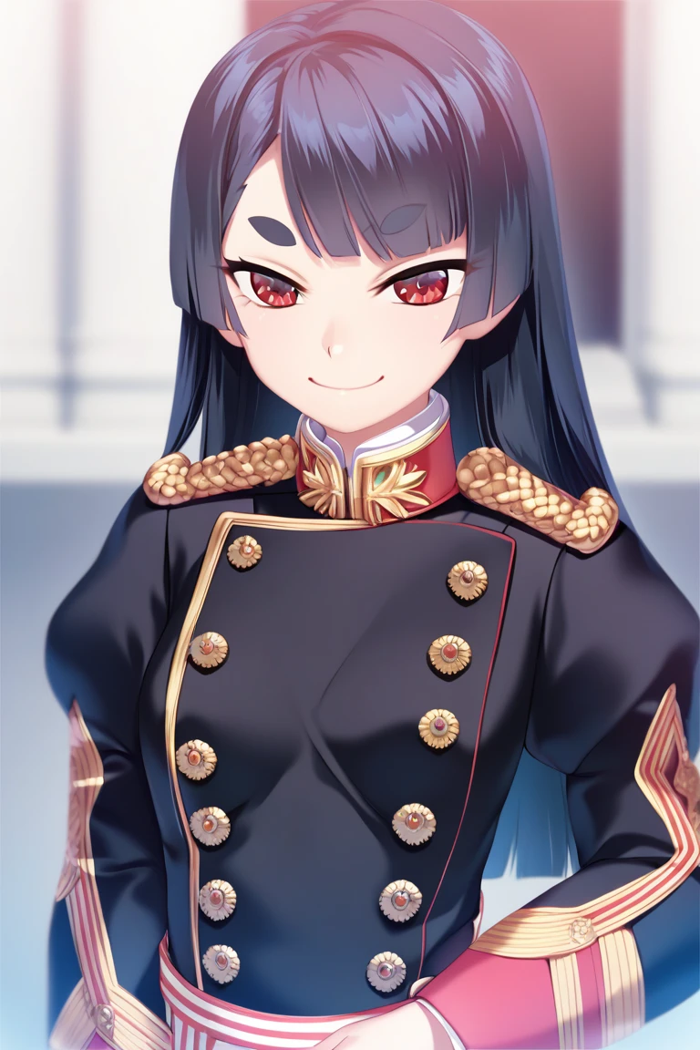 score_9,score_8_up,score_7_up,artbook,game cg,1girl,solo,cowboy shot,upper body,court uniform,black uniform,double breasted,austrian knots sleeve,small breasts,narrow waist,black long hair,blunt bangs,red eyes,evil smile,light smile,swept bangs,indoors,palace,courtroom,
<lora:Koume_Keito_PonyXL_dim32:0.8:lbw=0.8,0,0,0,0,0,0.8,0.8,0.8,0.8,0.8,0.75>,<lora:IJAuniformXLv1:1>,oval face,short eyebrows,