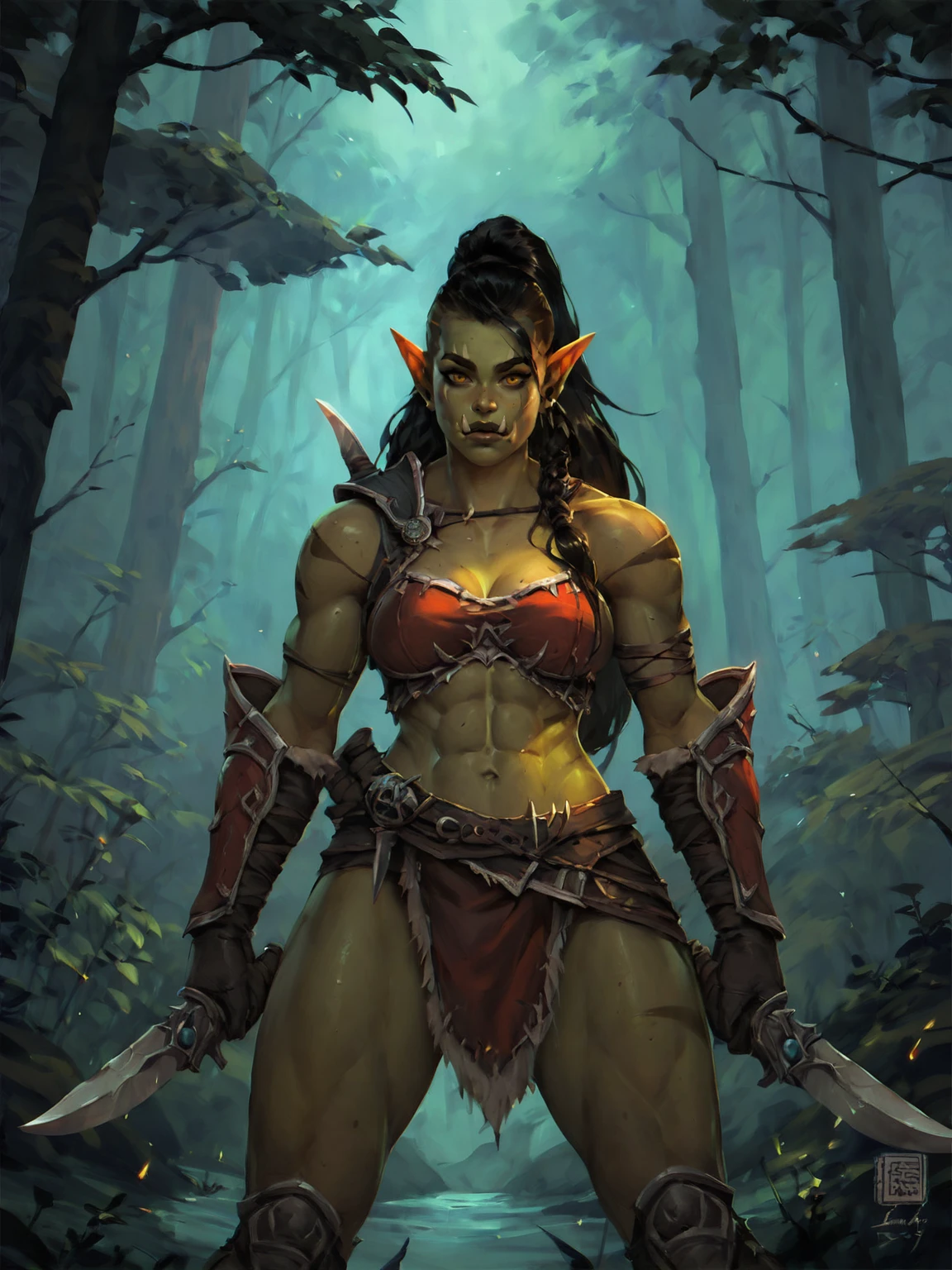 adult woman, orc, greenl skin, yellow eyes, black hair, long hair, muscular female, red armor, gloves, pauldrons armor, standing, holding weapon, dagger, dual wielding, black forest, night, outdoors, <lora:Kan_Liu666KXL:0.8>, BREAK score_9, score_8_up, score_7_up, score_6_up, score_5_up, score_4_up