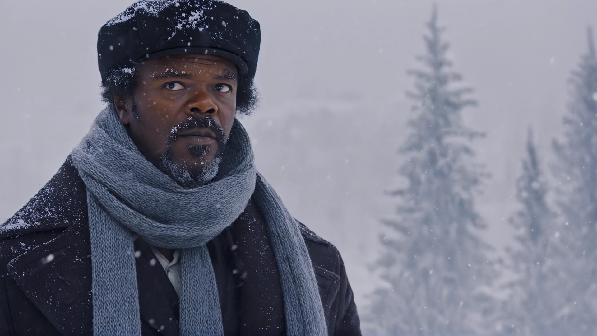 <lora:The Hateful Eight film style:0.9>
<lora:detailed:0.5>
<lora:perfection style:0.5>
<lora:Chiaroscuro Lighting Style:0.3>
In 1870,A Western film,Cinematic Kodak picture of Samuel L. Jackson a cinematic closeup of black man wearing a hat and scarf in the snow,solo,looking at viewer,blue eyes,1boy,hat,male focus,scarf,facial hair,portrait,beard,snow,close-up,snowing,realistic,mustache ,The Hateful Eight film style