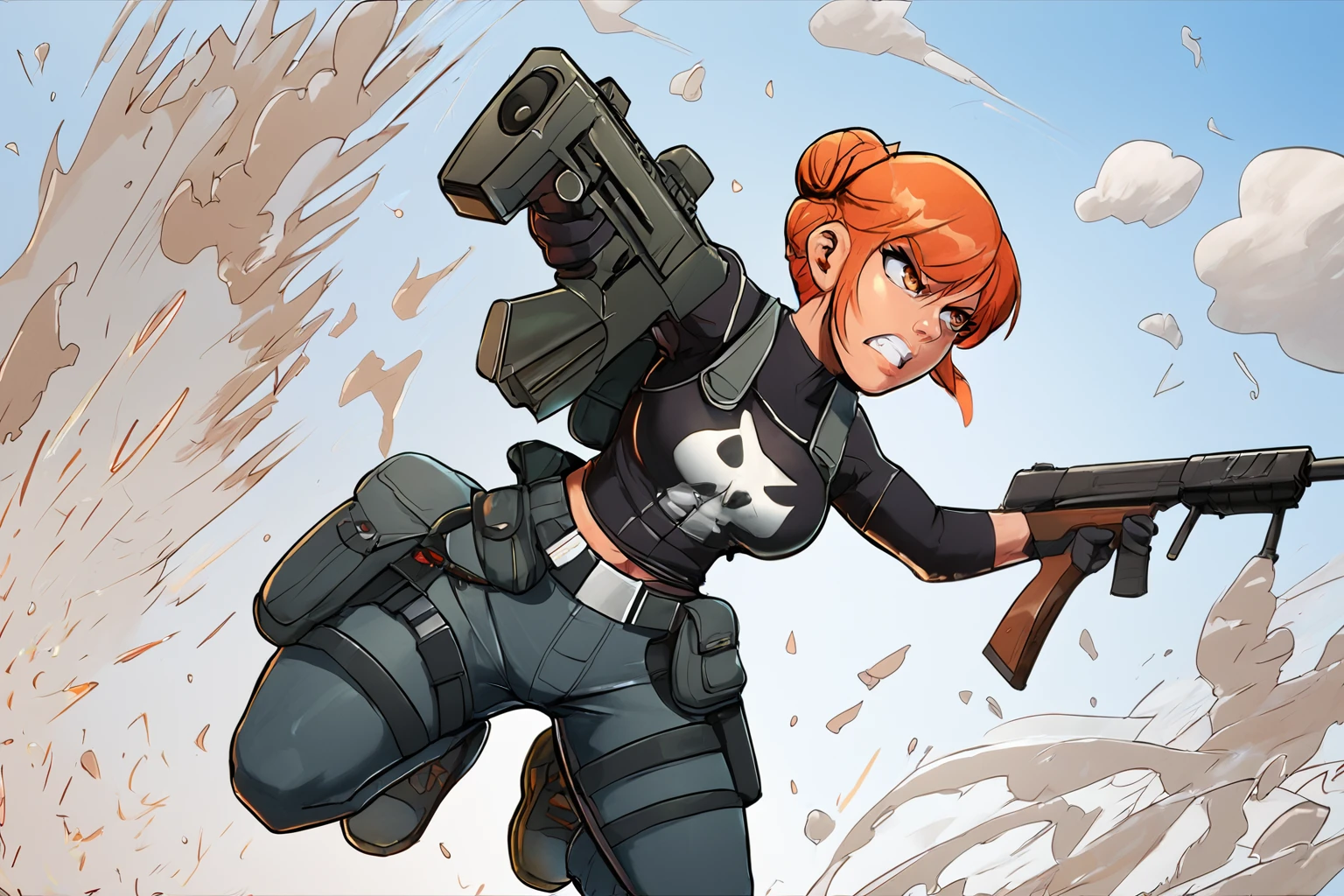 score_9, score_8_up, score_7_up, masterpiece, high quality
 <lora:Punisher Rachel Cole-AlvesPonyLora:0.8> 1girl, orange short hair, hair bun, top with white skull print, gloves, top, belt, pants, thigh holster, pouch, guns, rifle, explosions, grenade, jumping, fighting, angry