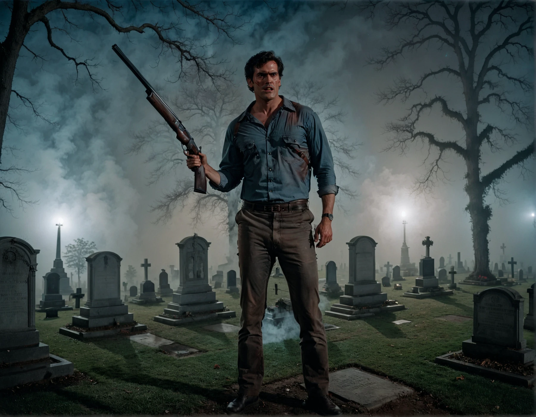 a photo of ashwll man wearing shirt and pants,full body shot,holding a double-barreled shotgun,cinematic,volumetric fog,film grain,in a cemetery at night