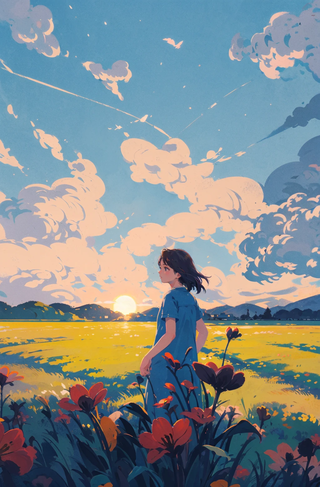 , a , meadow, daytime, sunset, colorful, vast meadow, distant view,tree,flower, open sky, clouds, wide view ,<lora:feelperson:0.7>, (illustration:1.0), masterpiece, best quality,