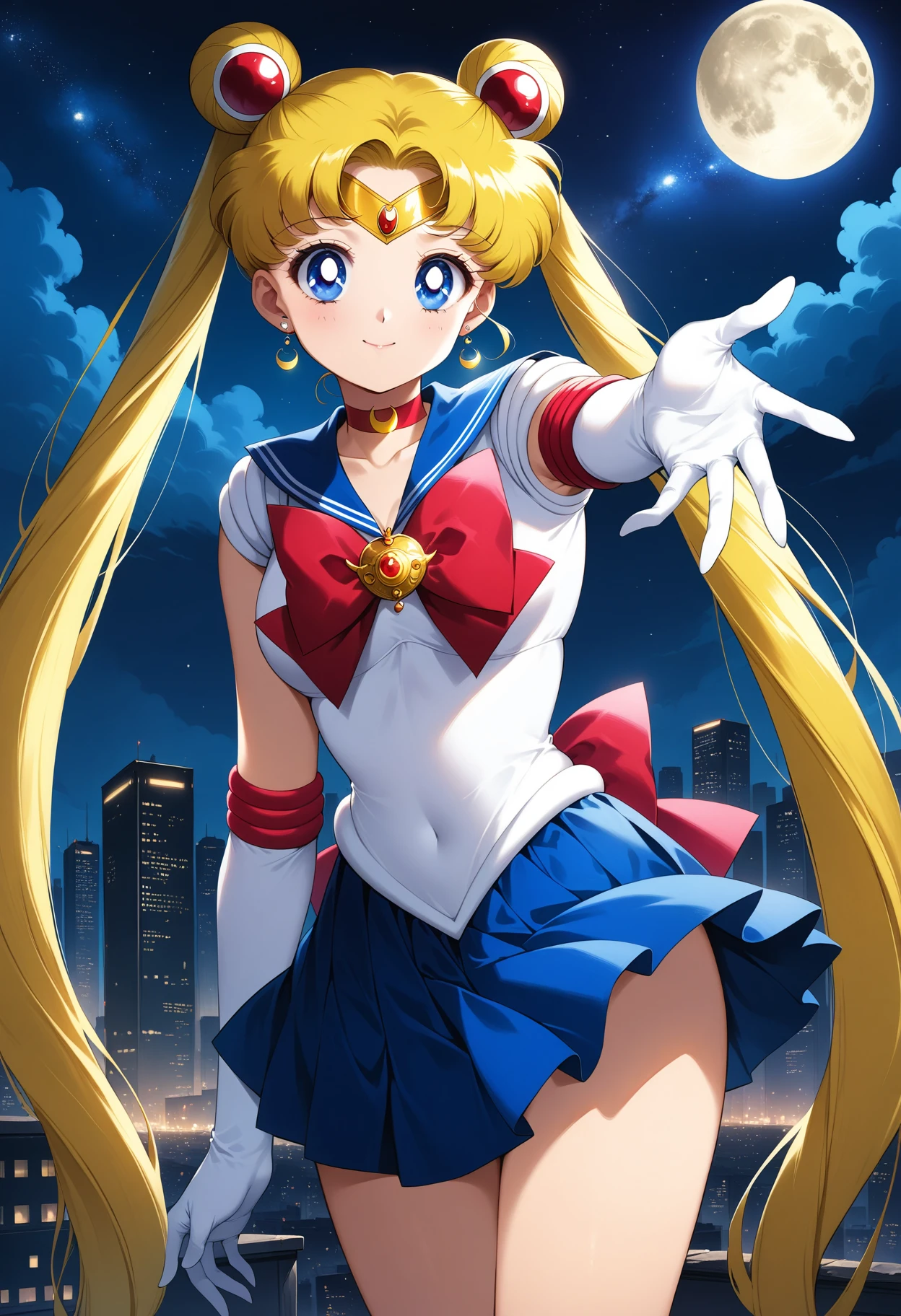 (masterpiece, best quality, very aesthetic, ultra detailed), intricate details, 4k, aausagi, long hair, double bun, twintails, parted bangs, tiara, earrings, blue eyes, red choker, blue sailor collar, red bow, white shirt, elbow gloves, white gloves, blue skirt, <lora:sailor_moon_animaginexl_v1:0.9>, standing, cowboy shot, city, outdoors, night, moon, milky way, reaching out, smile