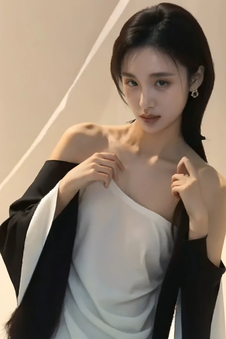 1girl, medium breasts, looking at viewer, realistic, photorealistic, black hair, long hair,
hyper detailed, super sharp, crisp, smooth, smooth gradients, depth of field, 
(in studio: 1.1), (white background: 1.1), bare shoulders, collarbone, japanese clothes, jewelry, long sleeves, revealing clothes, wide sleeves,
<lora:91porn_chuizitanhua_02:1>, <lora:breastsizeslideroffset:-0.4>, <lora:skin_slider_v2_1_FACE:0.5>, <lora:add_detail_v5:1>,