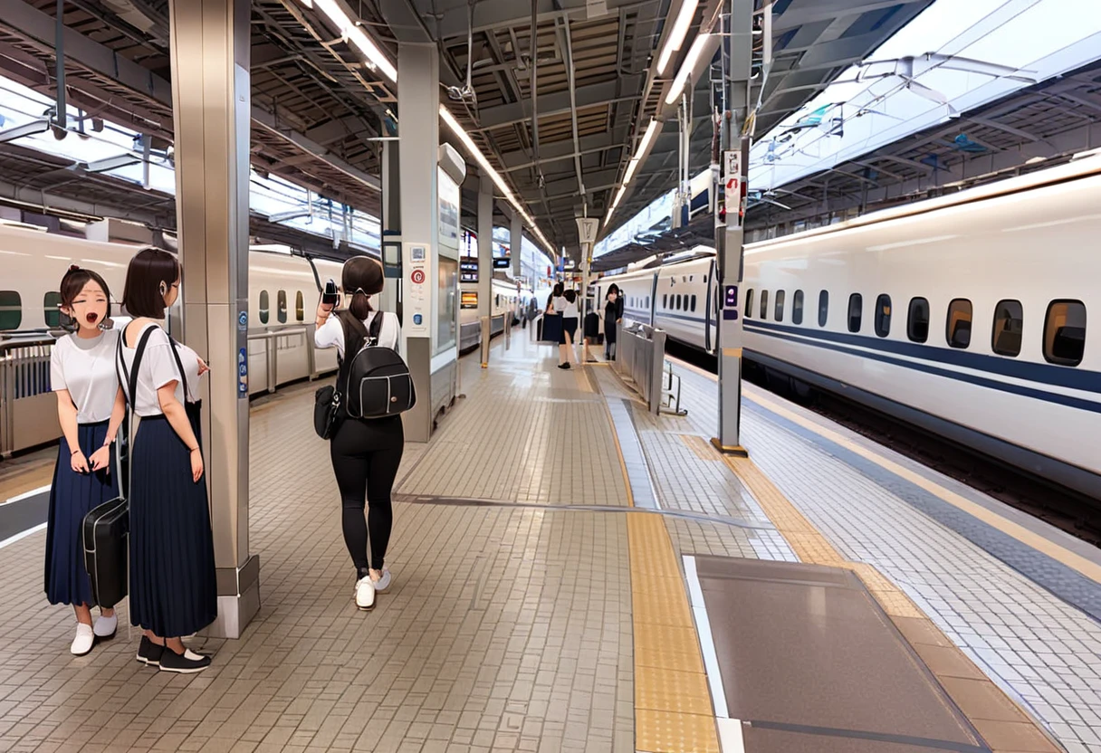 masterpiece, best quality, very aesthetic, absurdres,
shinosaka, multiple girls, train station, bag, shirt, blue skirt, skirt, white shirt, phone, holding phone, long skirt, black bag, pants, 3girls, black hair, holding, cellphone, short hair, black pants, backpack, white footwear, shoes, photo background, shoulder bag, ponytail, train, standing, short sleeves, wide shot, smartphone, short ponytail, brown hair, looking at phone, black footwear, scenery, tile floor, real world location, railroad tracks, sign, outdoors
<lora:shinosakaeki_platform_SDXL_V1:1>