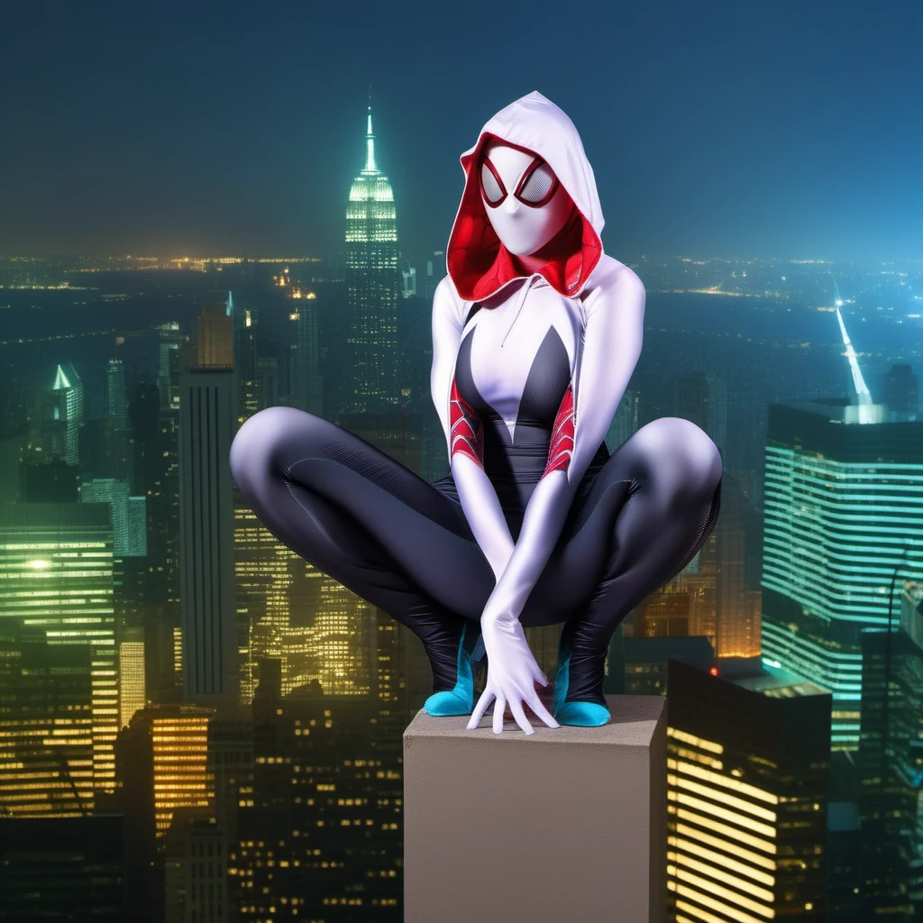 a full body woman, big breast, wears a hooded bodysuit, a spiderman mask lookalike, on top of a building, night, city lights background <lora:SpiderGwen1024:0.9>
