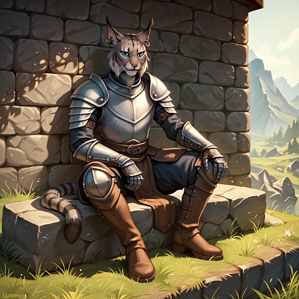 score_9, score_8_up, score_7_up, score_6_up, score_5_up, realistic, furry, detailed, outdoors, tundra, skyrim, medieval, soft lighting, BREAK
anthro male lynx khajiit, cheek fluff, grey fur, tufted ears, blue eyes, tail, armor, boots, earrings, sitting on a rock, front view, full body portrait<lora:EMS-364230-EMS:0.400000>