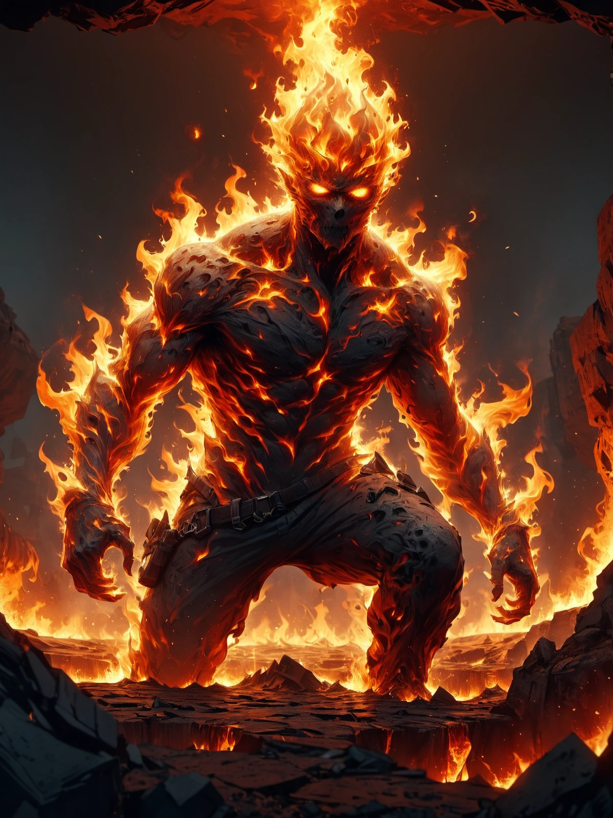 fire elemental emerging from a lava pit in desolate wasteland, climbing pose, cinematic shot <lora:Flames_SDXL:1>, (masterpiece:1.2), best quality, (hyperdetailed, highest detailed:1.2), high resolution textures