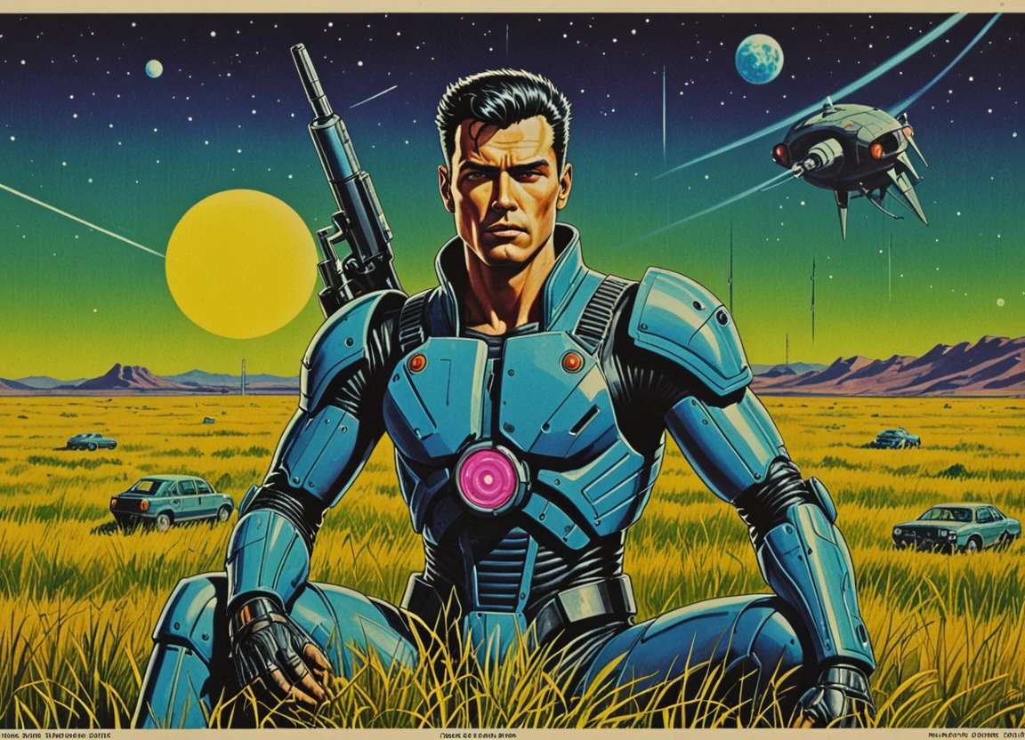 vntgpstr of a cyberpunk man in a field<lora:vintage_poster-000003:1>