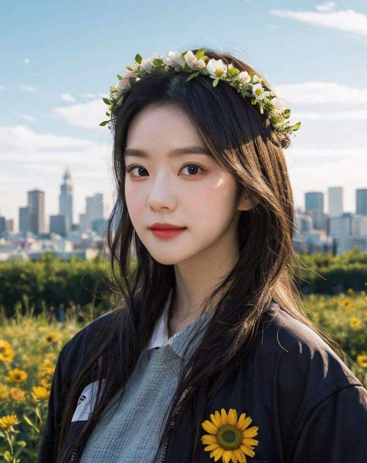 irene, 1girl, solo, upper body, (looking at viewer:1.4), (schoolgirl jacket), (flower crown), (beautiful city, beautiful sky background), natural skin color, (closed mouth:1.2), (medium breast), floating hair, beautiful expression, face detailed, eyes detailed, iris detailed, masterpiece, best quality, photorealistic, hyper realistic, ultra detailed, perfect lighting, depth of field, shadows, highres, <lora:sayhello0o-v1-rvirene:1>