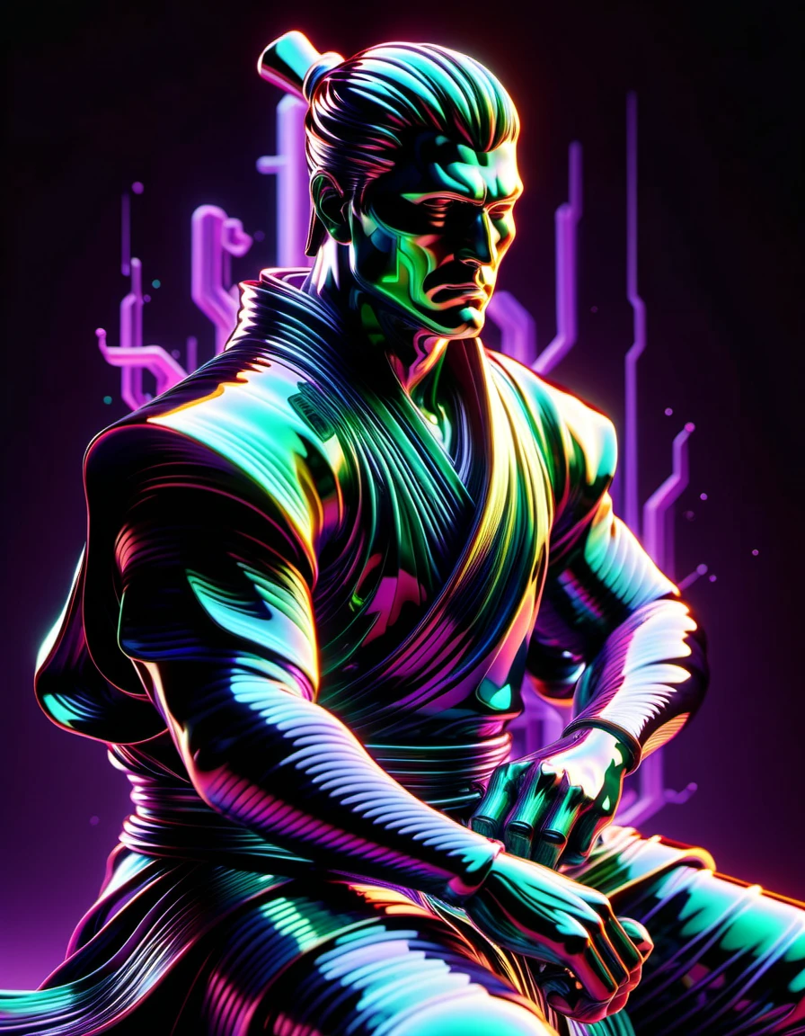 art by Marek Okon and dan mumford, Yarn model of a large Brother, the Brother is Luminous, Samurai, elegant ral-vbrntacyl outfit, Cryptidcore, anaglyph filter, neon green and purple color <lora:ral-vbrntacyl-sdxl:1>