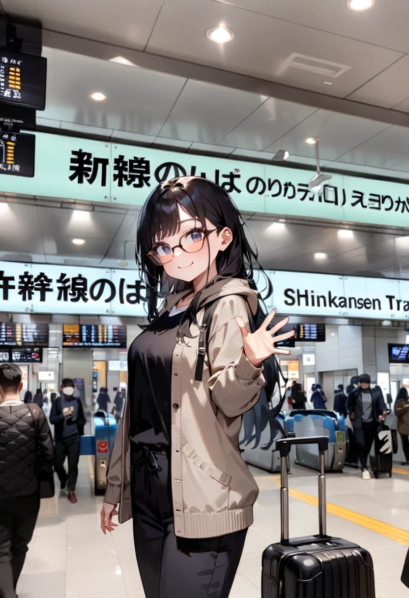 masterpiece, best quality, very aesthetic, absurdres,
1girl, solo, glasses, black hair, long hair, hoodie, pants, rolling suitcase, smile, looking at viewer, solo focus, waving,
shinosaka, norikaeguchi, ticket gate, 6+boys, multiple boys, train station, indoors, ceiling light, bag, ceiling, photo background
<lora:shinosakaeki_norikaeguchi_SDXL_V1:1>