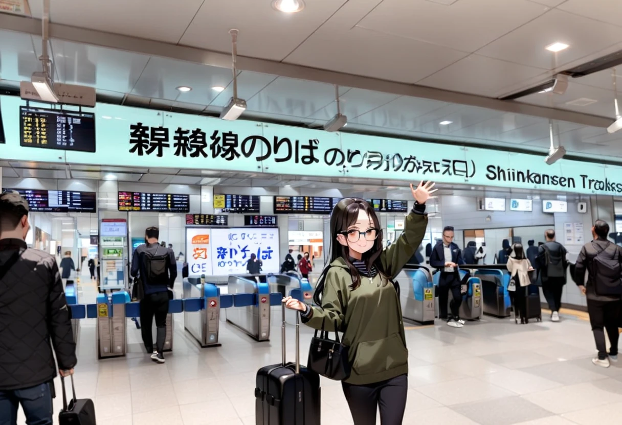 masterpiece, best quality, very aesthetic, absurdres,
1girl, solo, glasses, black hair, long hair, hoodie, pants, rolling suitcase, smile, looking at viewer, solo focus, waving,
shinosaka, norikaeguchi, ticket gate, 6+boys, multiple boys, train station, indoors, ceiling light, bag, ceiling, photo background
<lora:shinosakaeki_norikaeguchi_SDXL_V1:1>