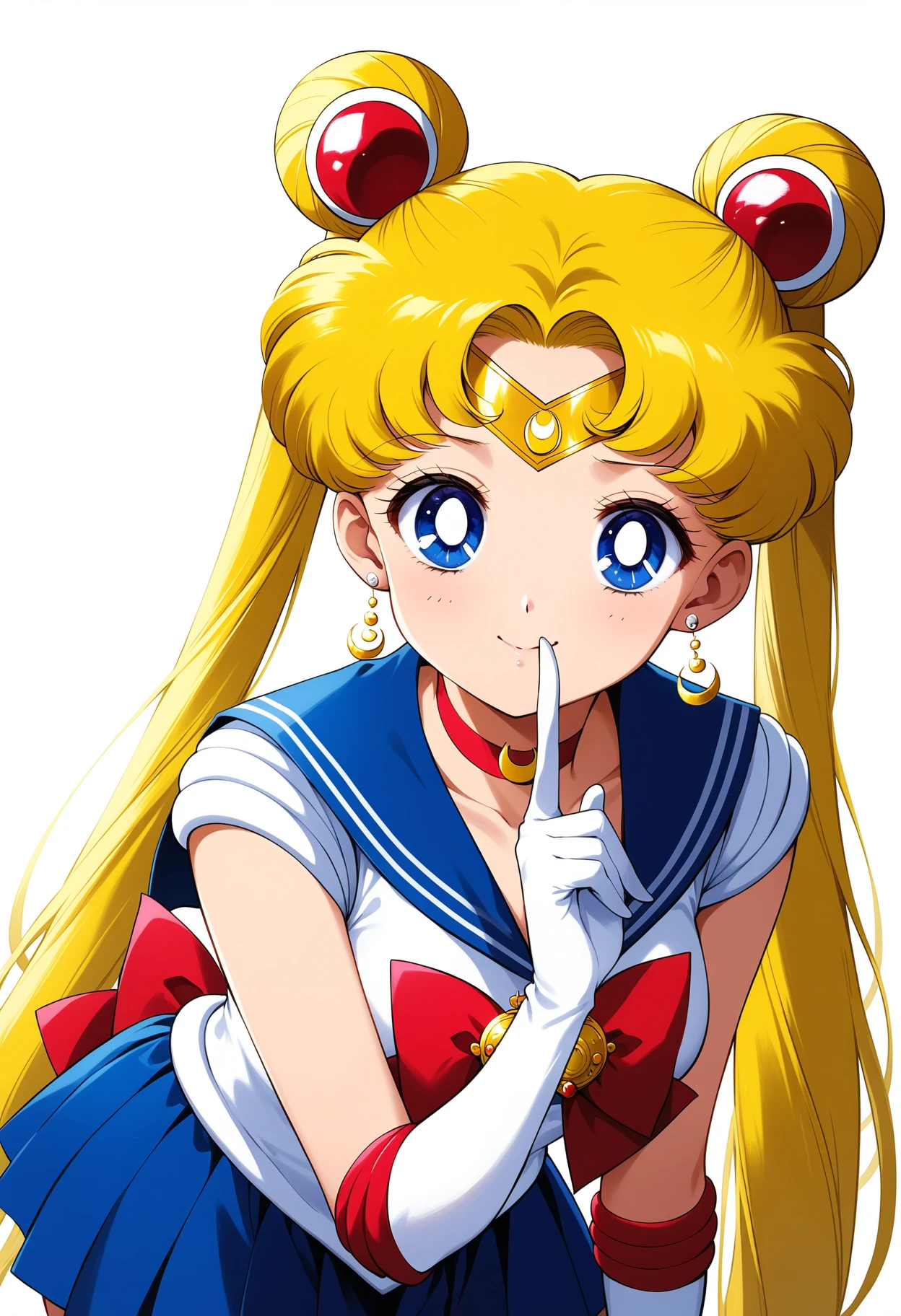 (masterpiece, best quality, very aesthetic, ultra detailed), intricate details, 4k, aausagi, long hair, double bun, twintails, parted bangs, tiara, earrings, blue eyes, red choker, blue sailor collar, red bow, white shirt, elbow gloves, white gloves, blue skirt, <lora:sailor_moon_animaginexl_v1:0.9>, smile, shushing, leaning forward, upper body, finger to mouth, simple background