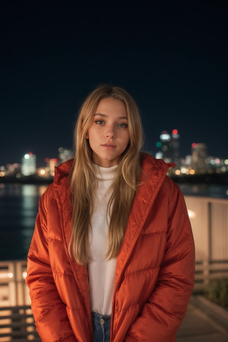 a close-up photo of 0ER0_Makenzie_Rickert, beautiful, bokeh, cinematic, wearing a sweater, long sleeve, (covered up, turleneck), wearing a puffy jacket, night, cityscape background, RAW photo, 8k UHD, soft lighting, high quality, film grain, Fujifilm XT3, 16mm, color graded portra 400 film, remarkable color, remarkable detailed pupils