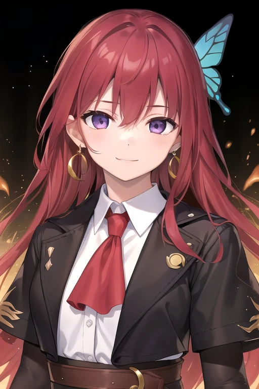 ((masterpiece)),(best quality),official art,extremely delicate and beautiful,extremely detailed CG,unity 8k wallpaper,ultra detailed,beautiful detailed eyes,extremely detailed face,outdoors,1girl,solo,upper body,(portrait:1.5),looking at viewer,facing viewer,smile,Lydia Ignite,long hair,red hair,hair intakes,butterfly hair ornament,crescent earrings,hair between eyes,bangs,purple eyes,jewelry,black coat,wing collar,red ascot,collared shirt,white shirt,red dress,medium breasts,short sleeves,elbow gloves,black gloves,belt,red skirt,black pantyhose,high heel boots,brown footwear,<lora:Lydia Ignite(arobmi):0.4>,