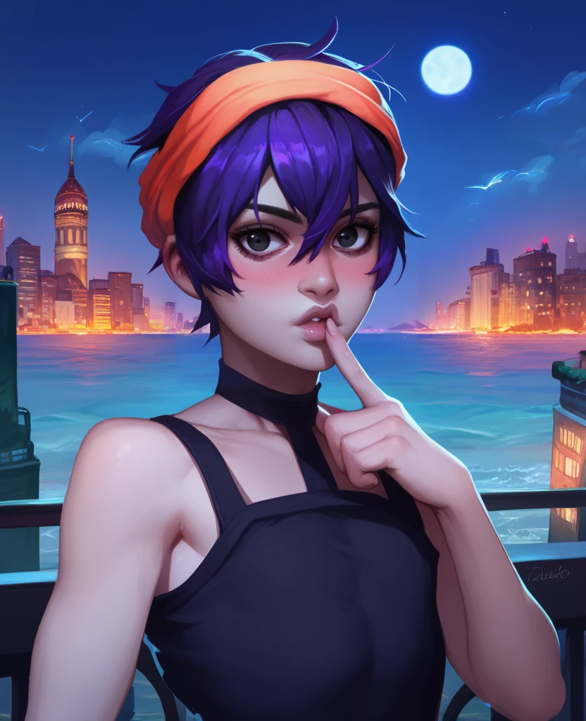 score_9,score_8_up,score_7_up,score_6_up,otoko no ko,
naranciaxl,short hair,black eyes,dark purple hair,lips,flat chest,eyeliner,looking at viewer,makeup,
black choker,orange headband,black tank top,finger to mouth,blush,
upper body,
france,cityscape,ocean,night.,
<lora:NaranciaJJEoH:0.9>,naughty,