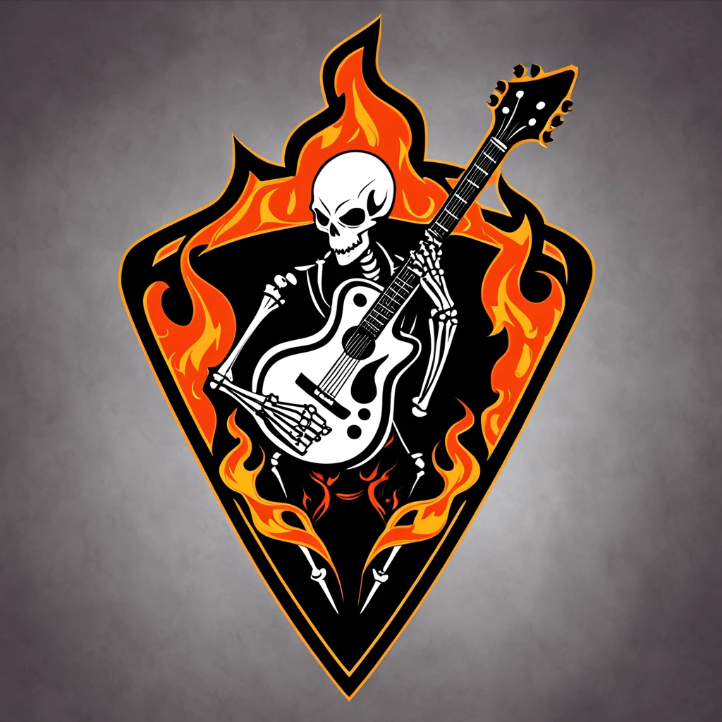 logomkrdsxl,an edgy logo of flaming skeleton with a guitar , vector, <lora:logomkrdsxl:1>, best quality, masterpiece, brand, dark background,