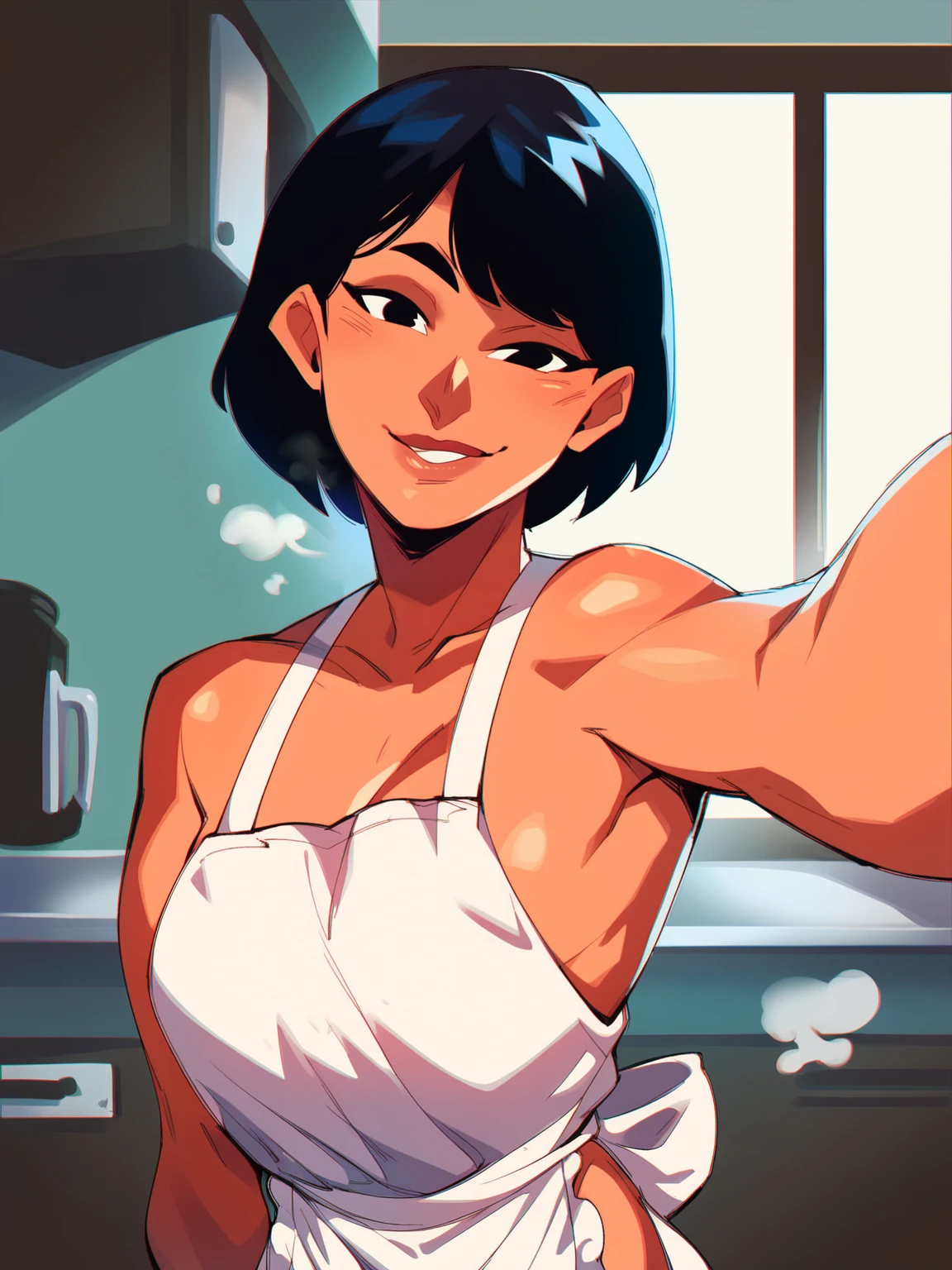 score_8_up, score_7_up, pov selfie, portrait of beautiful woman in white apron, seductive smile, bare shoulders, short black bob hair, kitchen, window, steam, <lora:sxz-dreelrayk-smol-pdxl:0.8> dreelrayk style, halftone texture, chromatic aberration