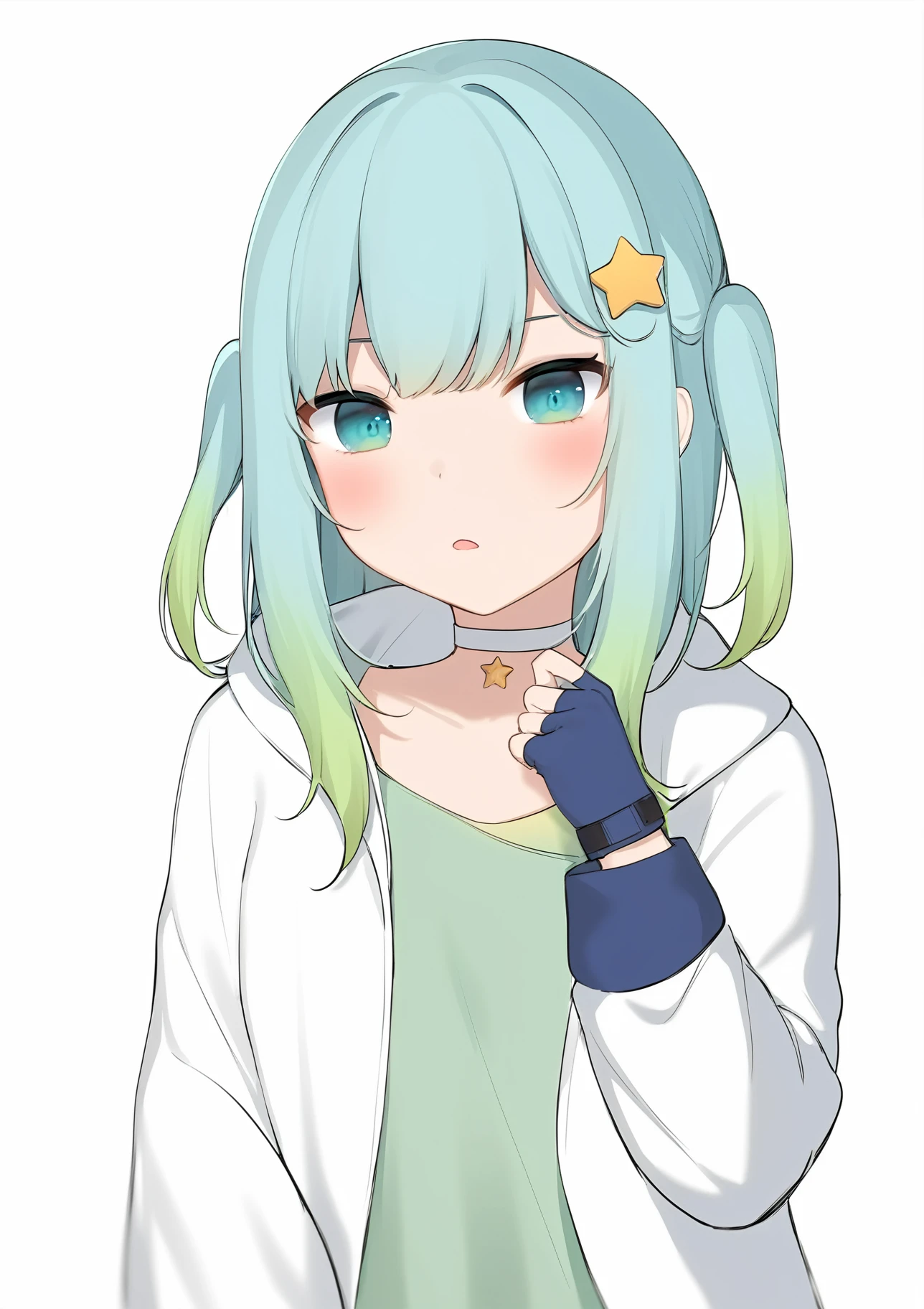 1girl,
amashiro natsuki,
choker, blue gloves, open jacket, food, upper body, star \(symbol\), green shirt, blue eyes, long sleeves, solo, blue hair, green hair, gradient hair, white jacket, shirt, hand up, jacket, open clothes, green eyes, blush, candy, white background, multicolored hair, gloves, white choker, fingerless gloves, star choker, character hair ornament, parted lips, collarbone, looking at viewer, hair ornament, sleeves past wrists,
masterpiece, best quality, absurdres, highres, safe
<lora:amashiro_natsuki_image341_2024-03-28_a31-000030:1>