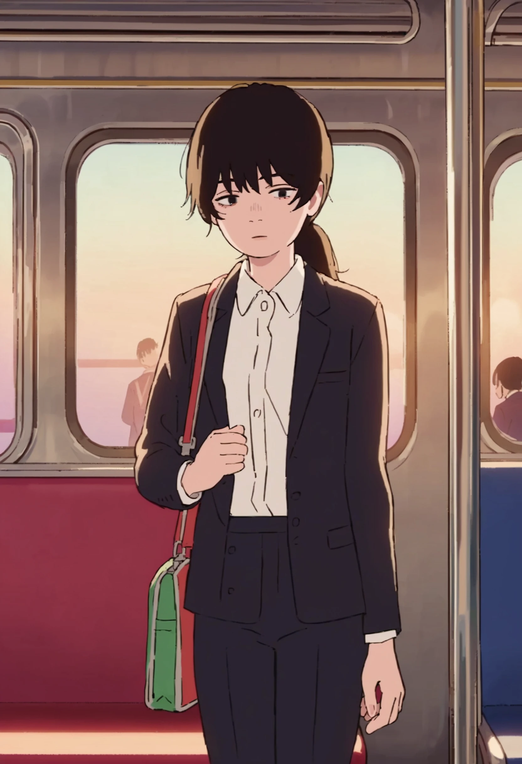 score_9_up score_8_up score_7_up, source_anime, 1girl solo, long hair, ponytail, bangs, black hair, short hair, black eyes, formal, suit, black jacket, white shirt, train interior, bag
<lora:look_back_style_pony_d16:1>