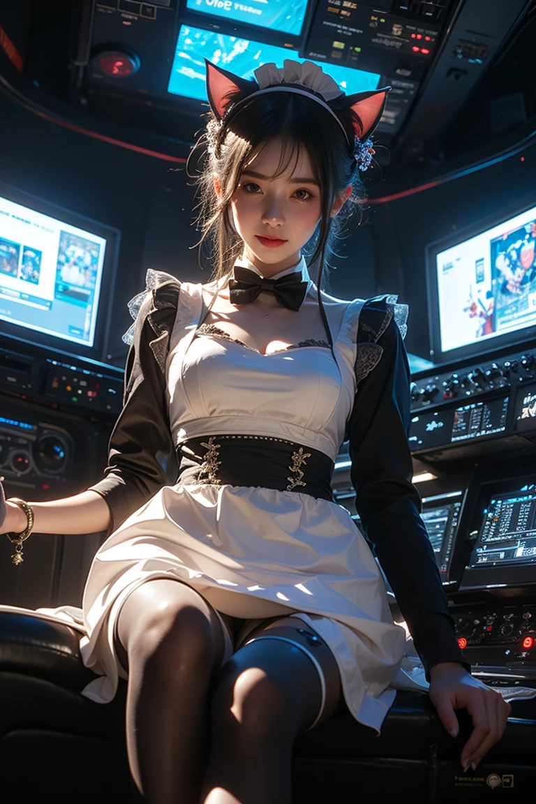 profile,1girl,solo,cleavage,(maid outfit:1.7),(Bow tie:1.2),(apron:1.2),(cat ears:1.3),(lace:1.2),(pantyhose:1.3),(spaceship:1.3),(light smile:0.3),(indoor:1.2),(cockpit:1.3),(science fiction:1.1),(looking at viewer:1.6),(Cyberpunk LED glowing:1.2),ascot,