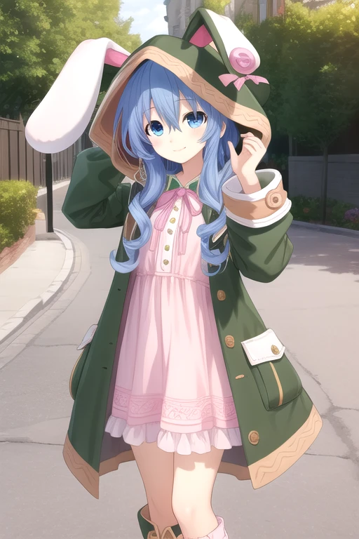 ((masterpiece)),(best quality),official art,extremely delicate and beautiful,extremely detailed CG,unity 8k wallpaper,ultra detailed,beautiful detailed eyes,extremely detailed face,outdoors,1girl,solo,cowboy shot,looking at viewer,facing viewer,smile,yoshino (date a live),long hair,blue hair,wavy hair,bangs,hair between eyes,blue eyes,green coat,loose coat,frilled coat,bunny ears hood,green hood,button,pink ribbon,white dress,frilled dress,small breasts,pink socks,boots,green footwear,<lora:Yoshino(dal)>,<lora:TSNeptunia-000045:0.5>,