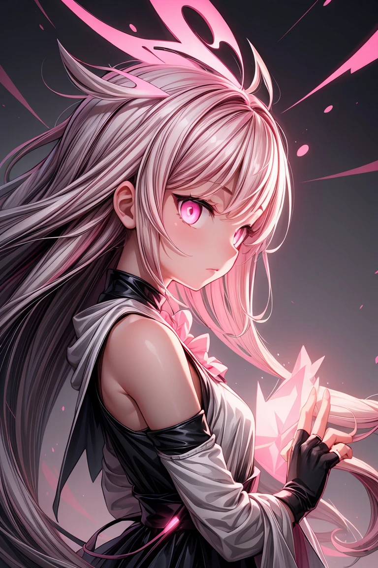 greyscale, (pink theme:1.3),1girl,solo,badass,cold,((Detailed)), ((Masterpiece)), ((Impressive)), ((Elegant)), ((Mind-blowing)), ((Phenomenal)), anime, Shojo, Romance, Drama, digital artwork, Digital masterpiece, Digital masterpiece, Digital illustration, neon light, Neon illumination, Electrifying light, Vibrant glow, 35mm, Panoramic view,Illustration,Cover,enigmatic figure,draped in translucent fabric,crystals adorning hair,dreamlike swirl,pastel hues,soft light,evoking calm serenity and elusive beauty,Non-representational,colors and shapes,expression of feelings,imaginative,highly detailed,fingerless_gloves,headwear,pink_eyes,looking_at_viewer,upper_body,from_side