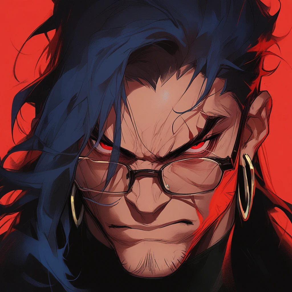 cbxzz, 1boy, male focus, solo, glasses, red eyes, earrings, jewelry, looking at viewer, bespectacled, blue hair, long hair, red background, angry, facial hair, closed mouth, close-up, score_9, score_8_up, score_7_up, score_6_up, score_5_up, score_4_up