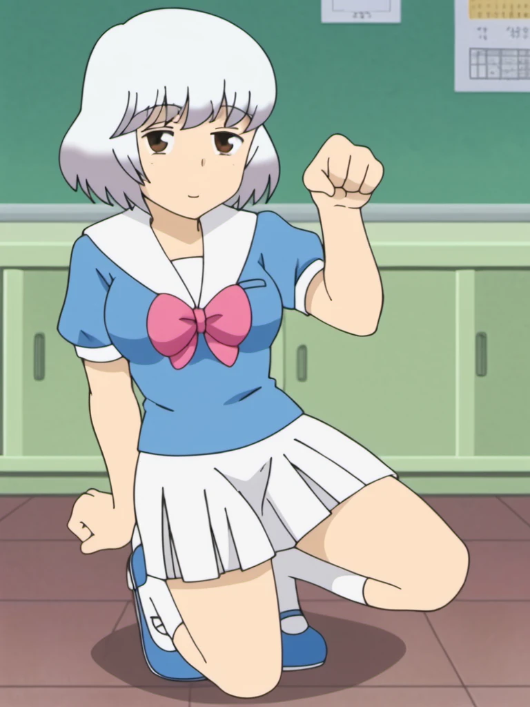 score_9, rating_explicit, source_anime, best quality, masterpiece:1.2, BREAK 1girl, simple background, (small perfect round breasts), anime screencap, photo shoot, <lora:RumiYokoi_PDXLv1a-000007:1> rumiyokoi, white hair, brown eyes, school uniform, white skirt, blue white shoes, full body, paw pose, bedroom eyes,