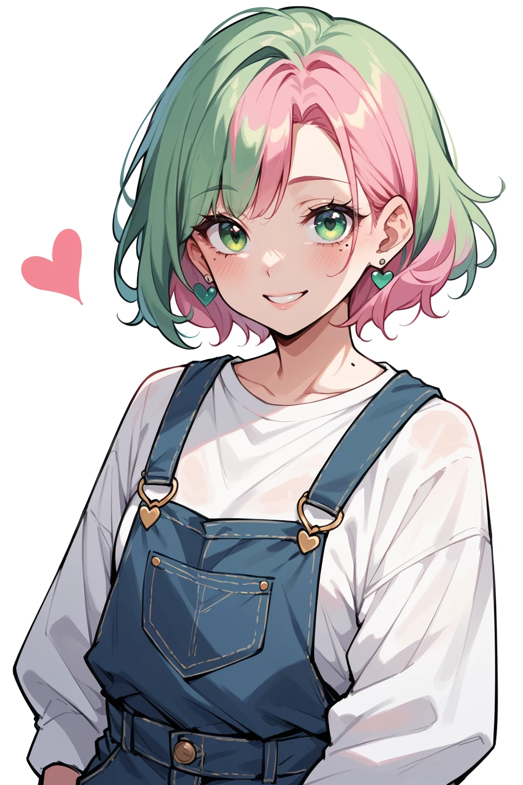 PonyXLV6_Scores , 1girl, blush, earrings, green eyes, green hair, heart, jewelry, long sleeves, looking at viewer, mole, mole under eye, overalls, pink hair, ring, shirt, short hair, simple background, smile, solo, upper body, white background, white shirt, source_anime