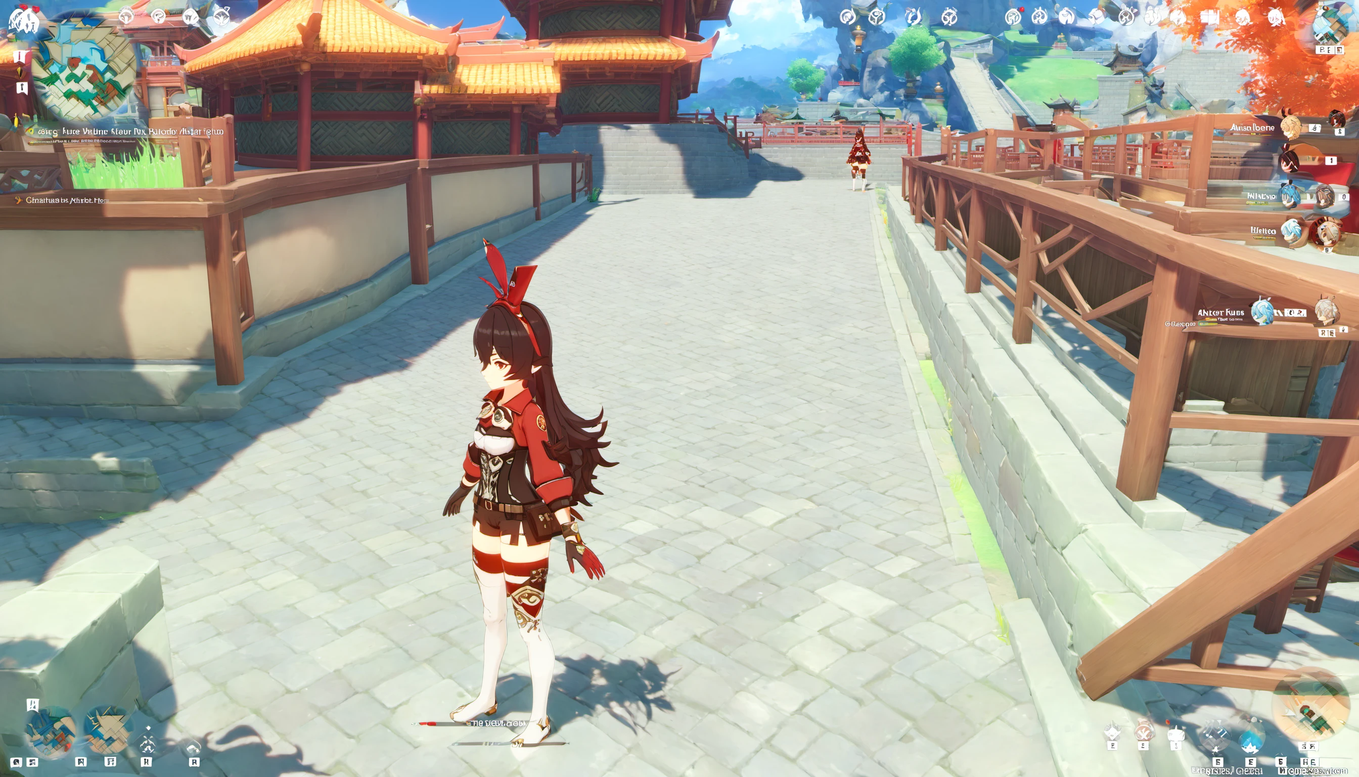 1girl, long hair, bangs, brown hair, thighhighs, gloves, long sleeves, ribbon, hair between eyes, brown eyes, hair ribbon, sidelocks, outdoors, shorts, from side, english text, goggles, building, scenery, walking, vision (genshin impact), architecture, gameplay mechanics, east asian architecture, brown shorts, fake screenshot, heads-up display, amber (genshin impact), genshinamber <lora:kamber1:1>
