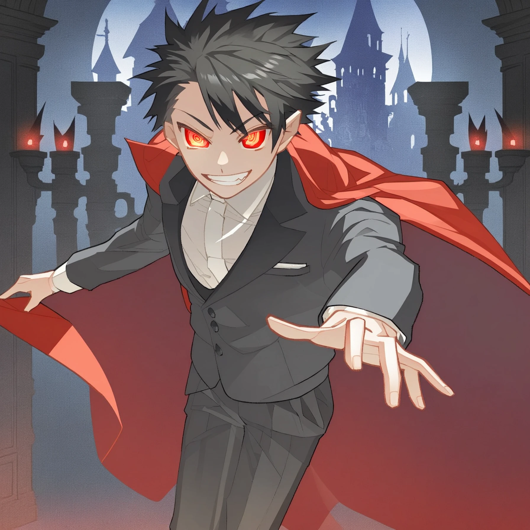 <lora:Atsushi_Ohkubo_Style_1_V_1.1-000001:1>, man, tuxedo, red eyes, glowing eyes, spikey black hair, vampire teeth, flowing red cape, castle interior background, art by Atsushi Ohkubo