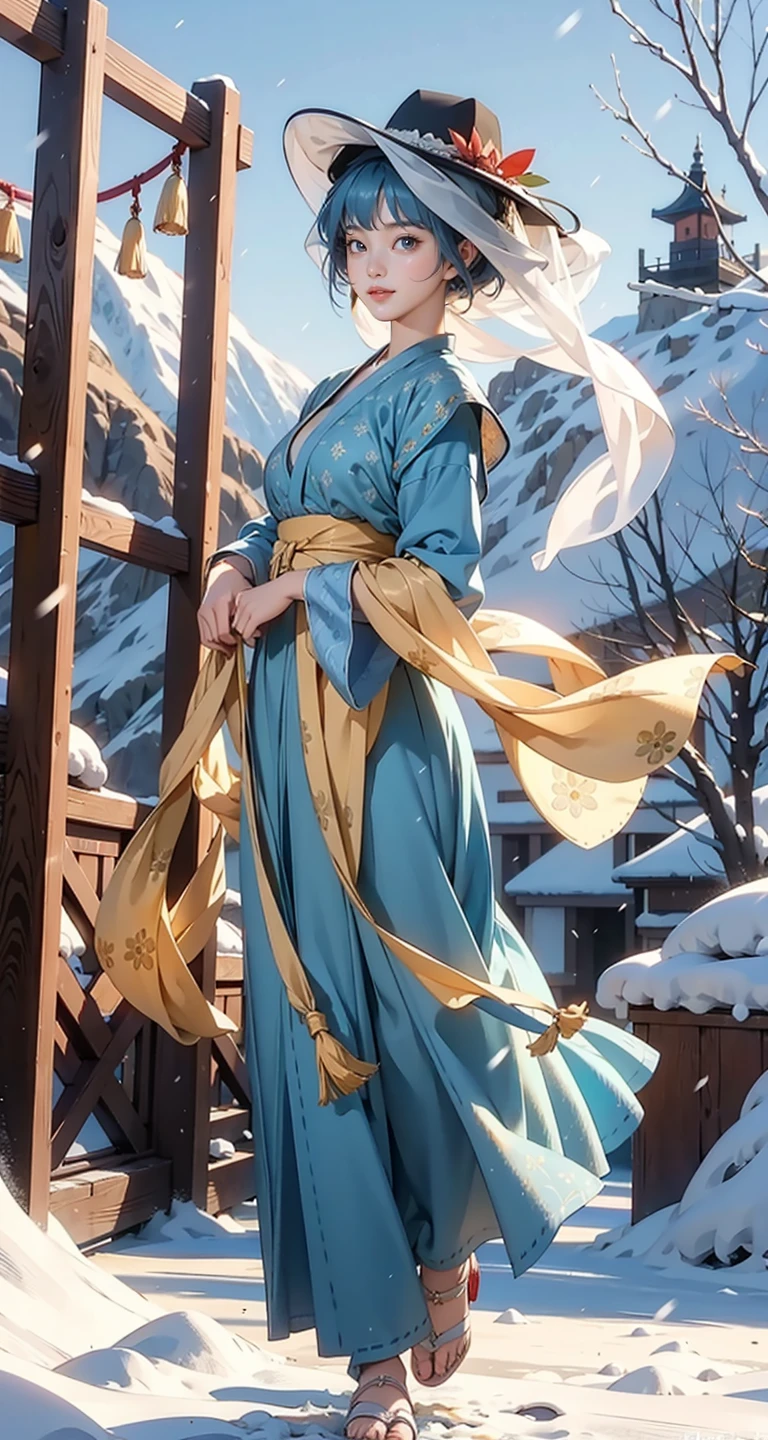 1girl, veil_hat, hanfu, stand, full body, Pixie cut hairstyle, snowing, snow, outdoor, golden hair,  masterpiece, best quality, 8k,