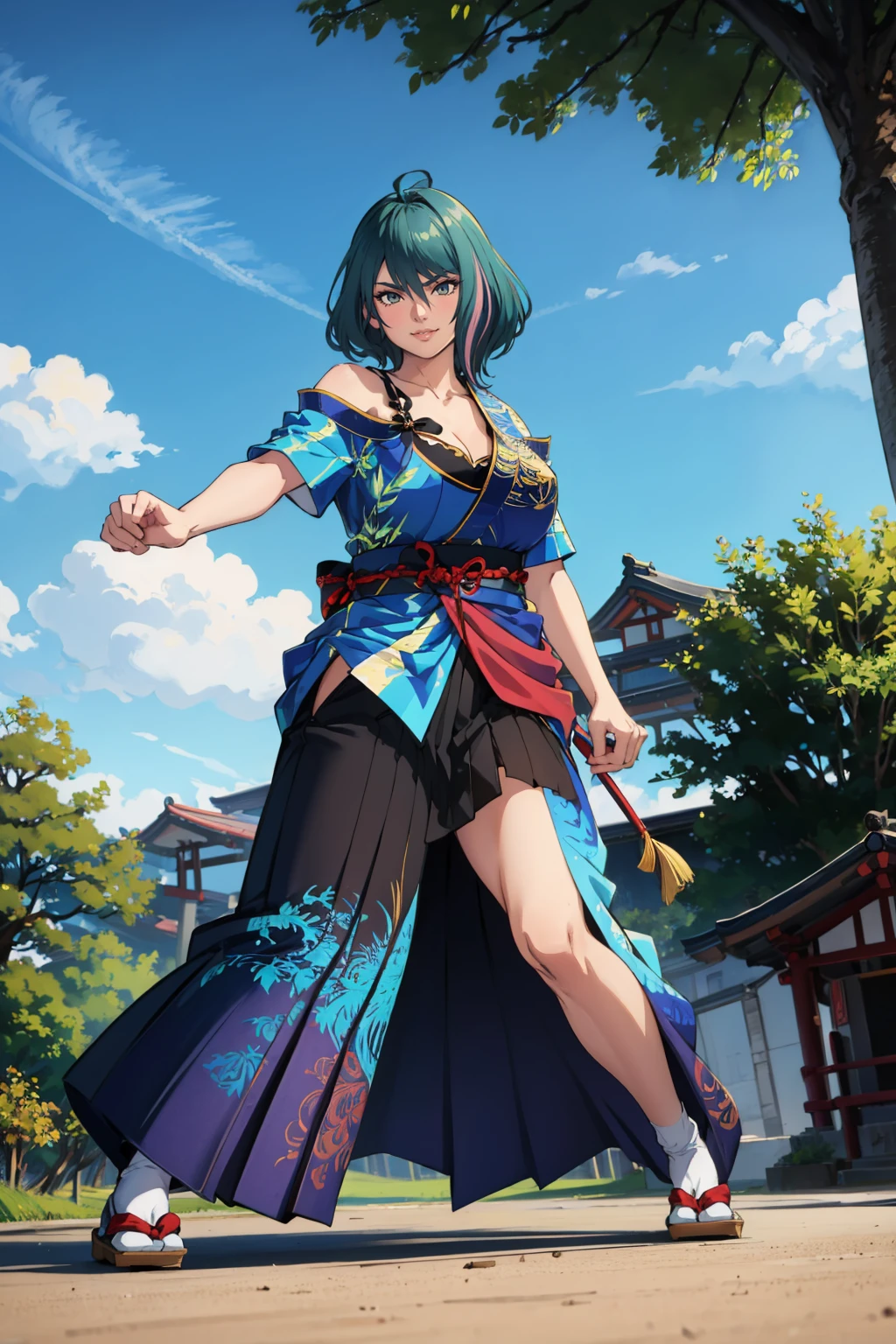 masterpiece, best quality, 1girl,  <lora:doatamaki-nvwls-v1-000009:1> doatamaki, streaked hair, blue kimono, sash, off-shoulder, hakama skirt, japanese clothes, large breasts, looking at you, fighting stance, fists, smirk, blue sky, trees, japanese architecture