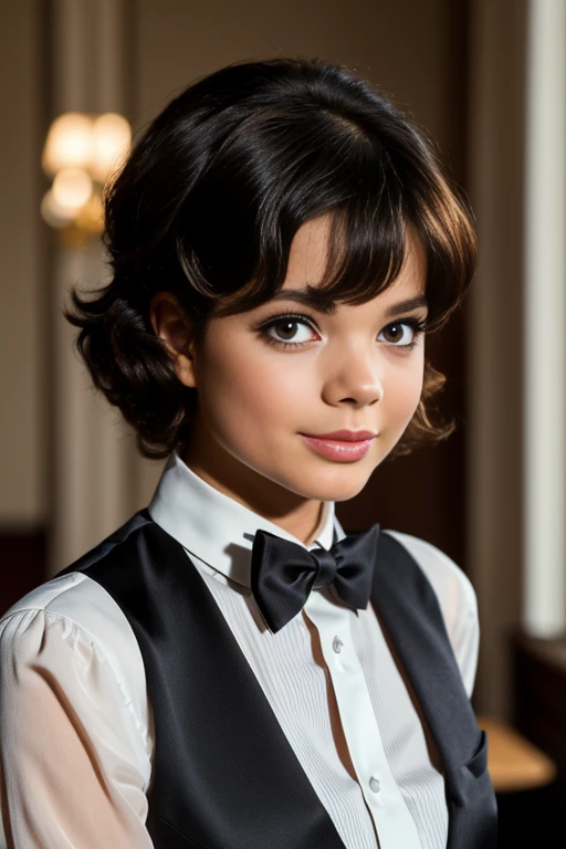 UshGl4TTXV1A,
a beautiful woman posing for masterpiece photo, wearing a black tuxedo vest and a white shirt and black bow tie around her neck, (restauant ambience:1.2),
(Hasselblad X1D II Digital), (professional photo shooting), (model pose), (highly detailed facial features),
(perfect color grading), (natural light), (high quality photography), (intricate details), (8k), (HDR), (sharp focus), (close-up portrait:1.2)
