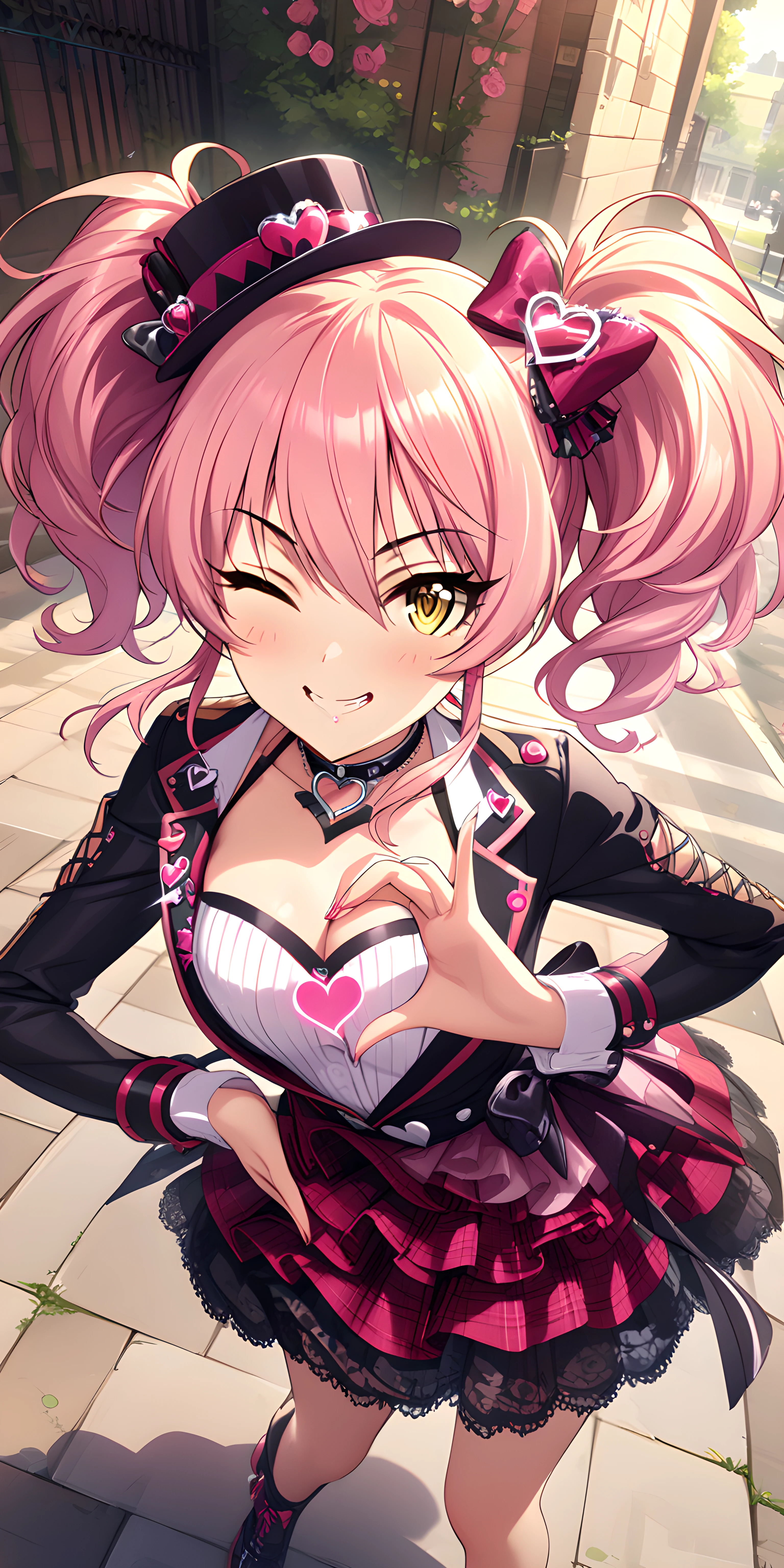 (masterpiece),(best quality),(ultra-detailed),(best illustration),(best shadow),(absurdres),(detailed background),(very aesthetic)(masterpiece),(best quality),(ultra-detailed),(best illustration),(best shadow),(absurdres),(detailed background),(very aesthetic), mika jougasaki, idoloutfit, 1girl, pink hair, one eye closed, hat, heart, yellow eyes, heart hands, smile, twintails, solo<lora:add-detail-xl:0.3> <lora:Mika_Jougasaki:1>