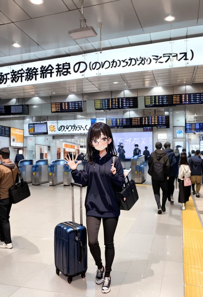 masterpiece, best quality, very aesthetic, absurdres,
1girl, solo, glasses, black hair, long hair, hoodie, pants, rolling suitcase, smile, looking at viewer, solo focus, waving,
shinosaka, norikaeguchi, ticket gate, 6+boys, multiple boys, train station, indoors, ceiling light, bag, ceiling, photo background
<lora:shinosakaeki_norikaeguchi_SDXL_V1:1>