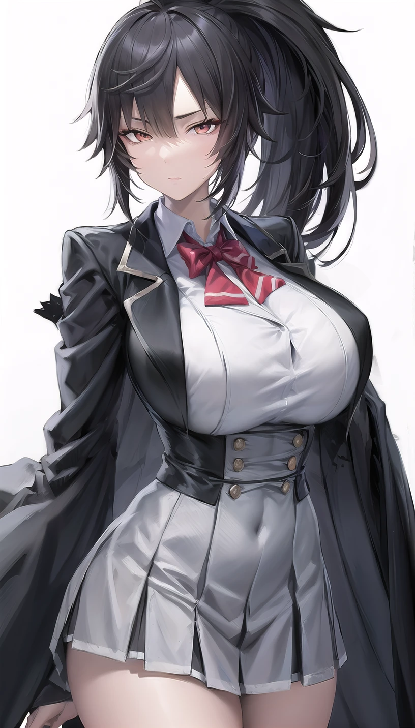 high ponytail,
(school uniform:1.28),
lady,mature female, cowboy shot,
(white background,simple background:1.18),
highres,official art,original,masterpiece,best quality,
(huge breasts:0.8),
<lora:ast:0.6>