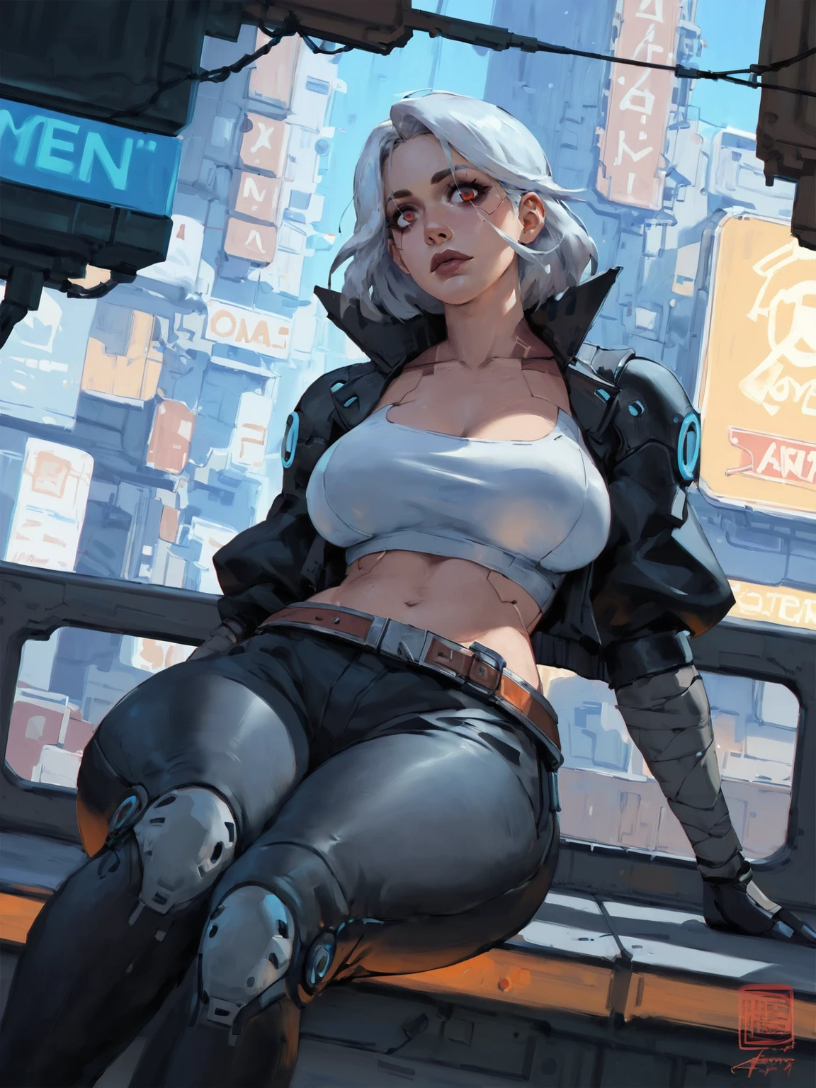 adult woman, large breasts, curvy, white hair, red eyes, black coat, black leather pants, belt, sitting, huge cyberpunk house, neon lights, cyberpunk city, smoke on the background, cyberpunk, solo, dynamic angle, <lora:Kan_Liu666KXL:0.8>, BREAK score_9, score_8_up, score_7_up, score_6_up, score_5_up, score_4_up