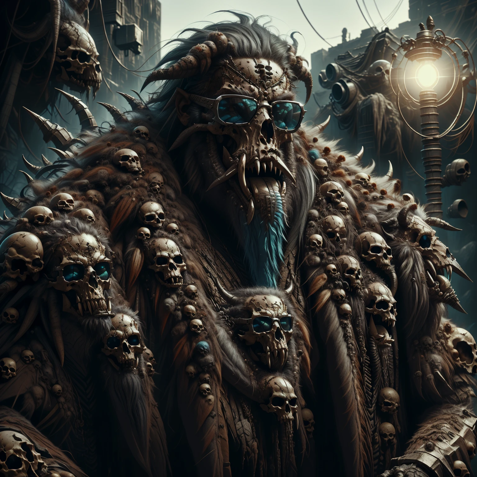 <lora:EPSavageVerse-30:1.0>, EPSavageVerse, grimdark, post-apocalypse, primal, Feral Motifs, Tribal Symbols, Beastly Features, realistic photo portrait of a prehistoric man wearing sunglasses, volumetric lights, trending on artstation, studio photo, intricate details, highly detailed