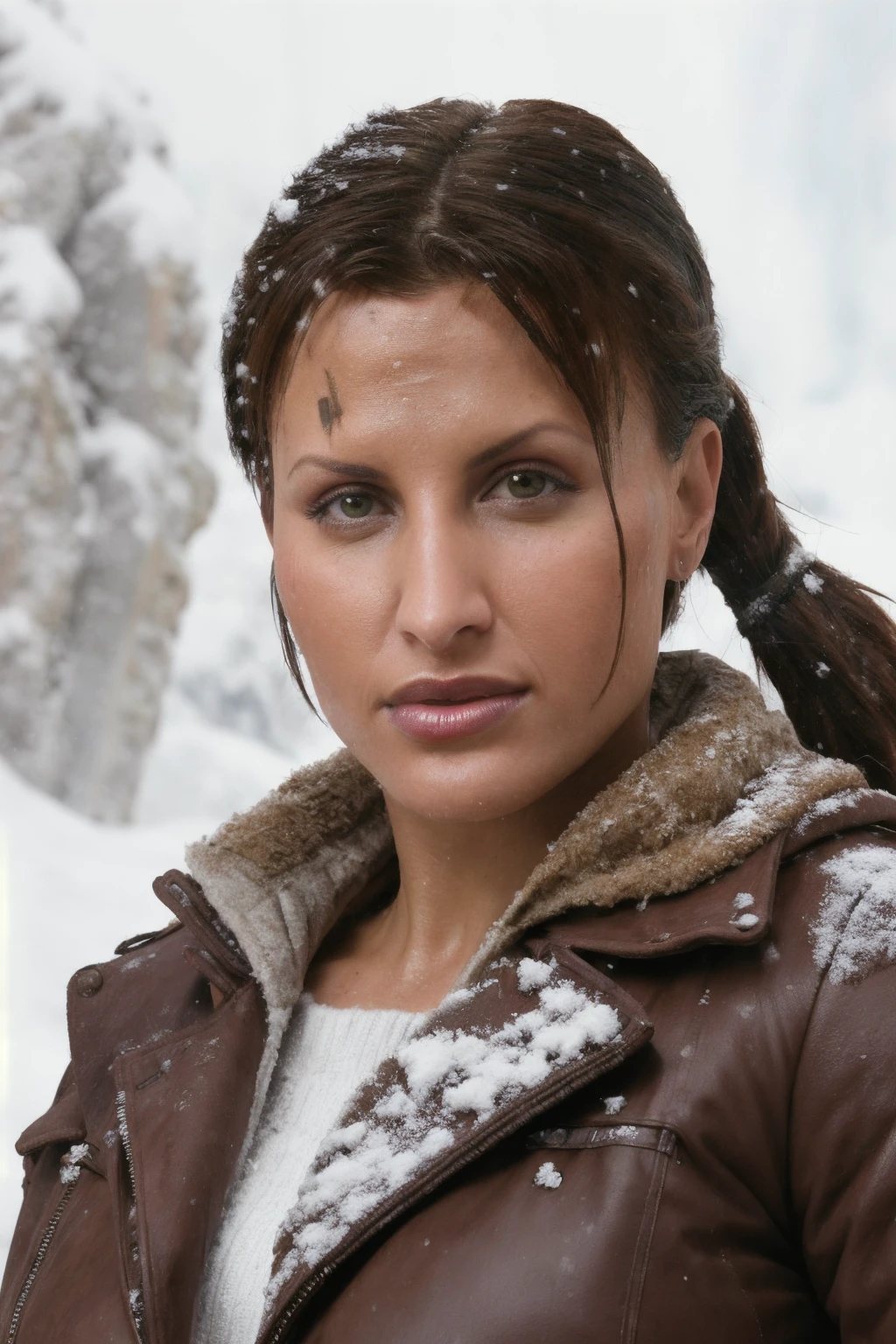 professonial photoshooting, highres, 4k, ((Tomb Raider)), <lora:Veronica_Vanoza:0.85> Veronice Vanoza as the female protagonist, ponytail, brown eyes,winter clothing, snowstorm, mountainside, cinematic lighting, bokeh, close-up portrait