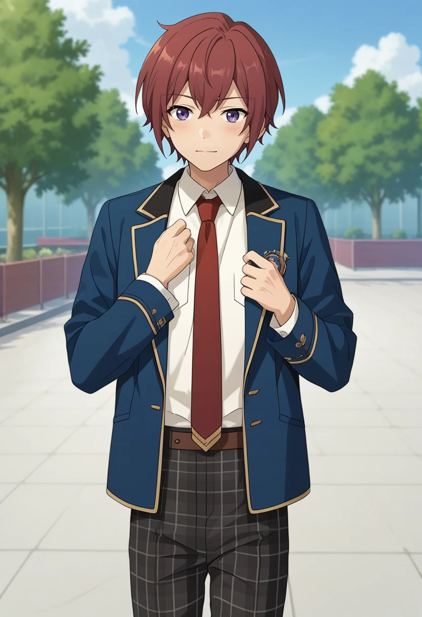 score_9, score_8_up, score_7_up, masterpiece, best quality, cute, male focus, solo, Tsukasa Suou, red hair, purple eyes, blue jacket, white shirt, red necktie, plaid pants<lora:EMS-364819-EMS:1.000000>