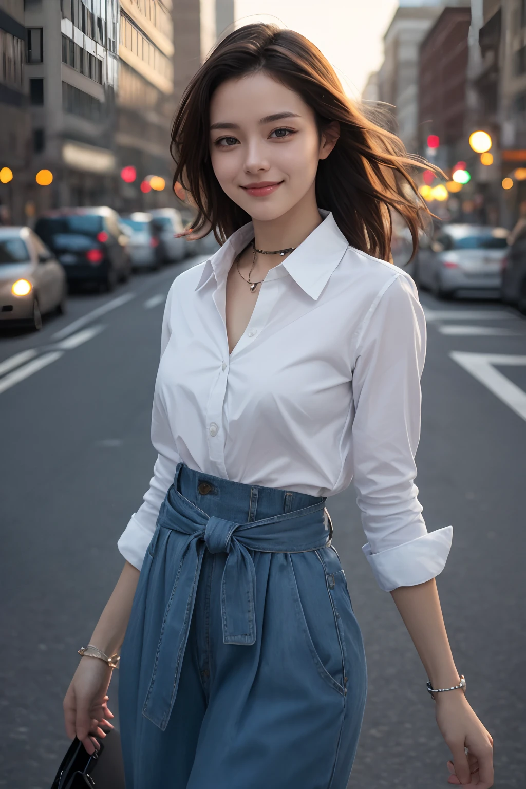 high quality, masterpiece, realistic, photo-realistic ,high definition, ultra detailed, raw photo,1girl, light smile, shirt with collars, waist up, dramatic lighting,stylish pose, city outdoors,  <lora:GoodHands-beta2:1>