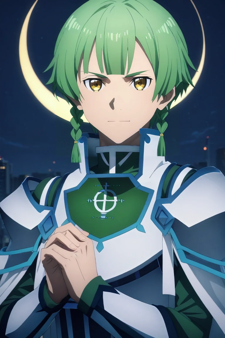 score_9, score_8_up, score_7_up, source_anime, rating_safe, , semi-realistic, looking at viewer, , 1boy, solo, male focus, <lora:renly_sao_pony:0.96>, renly_sao, green hair, yellow eyes, short hair, braid, bangs, twin braids, sidelocks, cowboy shot, tokyo tower, night, crescent moon, own hands together, half-closed eyes, smile, , <lora:sdxl_lightning_8step_lora:1>