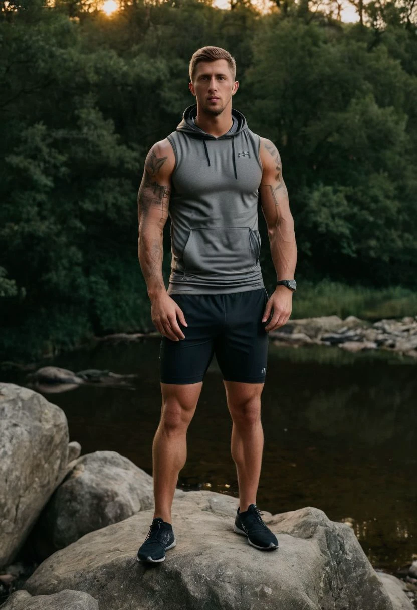 photo of Alan Walker a man <lora:Dan-Osborne_Alan-Walker:0.8>, wearing a sleeveless well-fitted under armour hoodie and compression shorts, standing on a boulder, outdoor trail, 35mm photograph, film, bokeh, professional, 4k, highly detailed, creek in the background, natural lighting, golden hour