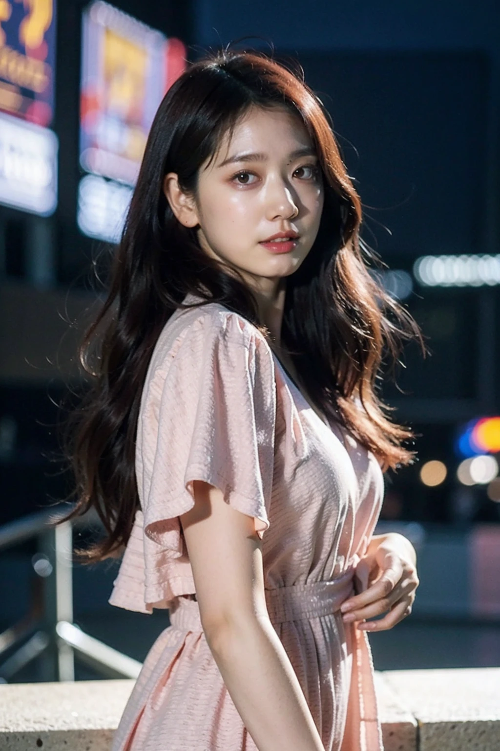 Best quality, masterpiece, ultra high res, (photorealistic), raw photo,1girl, skinny, upper body,solo, realistic, looking at viewer, long hair, bokeh background, city streets,brown eyes, bohemian dress, <lora:makina69_parkshinhye_v1.0:1>